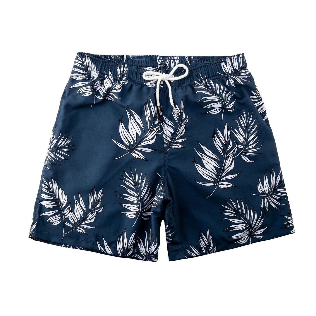 Snabbtorkande badshorts för herrar med blad-mönster i marinblått