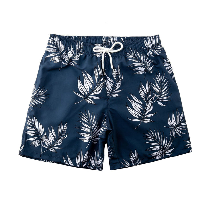 Snabbtorkande badshorts för herrar med blad-mönster i marinblått