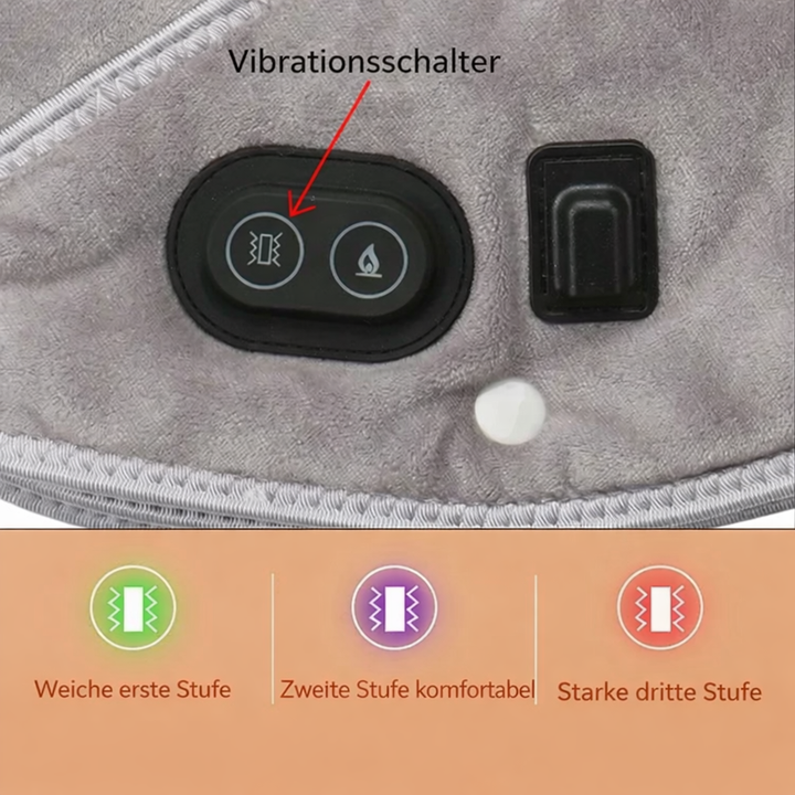 Närbild på kontrollknappar och vibrationsinställningar på massagekudden
