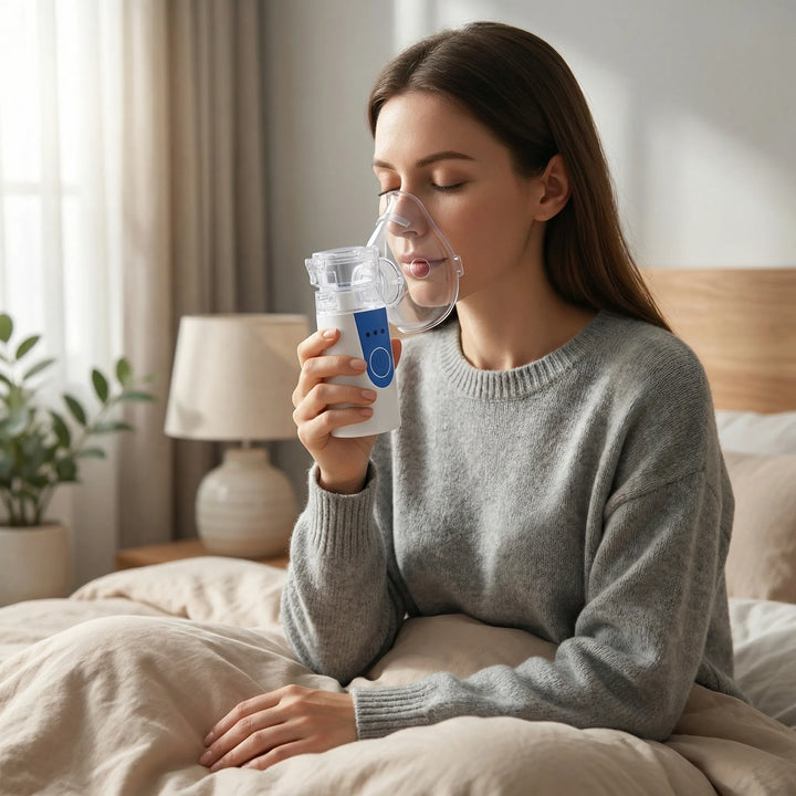 Kvinna som använder den handhållna ultraljudsnebulisatorn med ansiktsmask