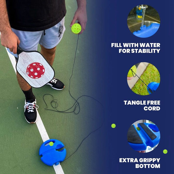 Närbild på den svarta gummibasen för pickleball soloträning med halkfri undersida