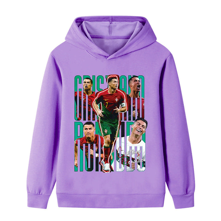Mjuk barn hoodie för fotbollsfans med Ronaldo detaljer