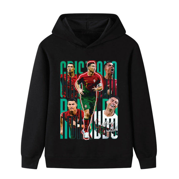 Svart Ronaldo fotbolls hoodie för barn med tryck