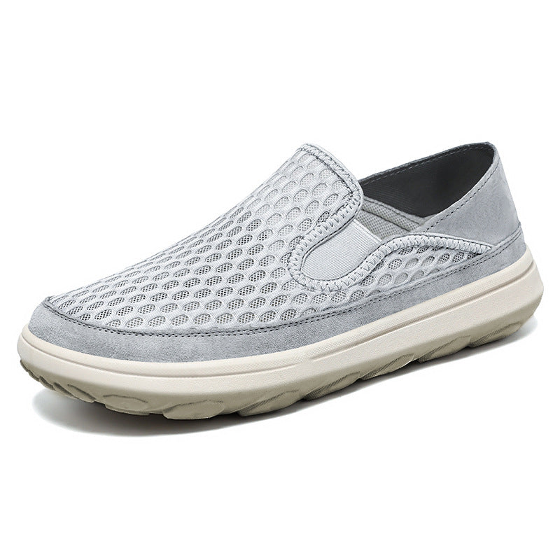 Grå slip-on sneakers för herrar med ventilerande mesh och vit sula