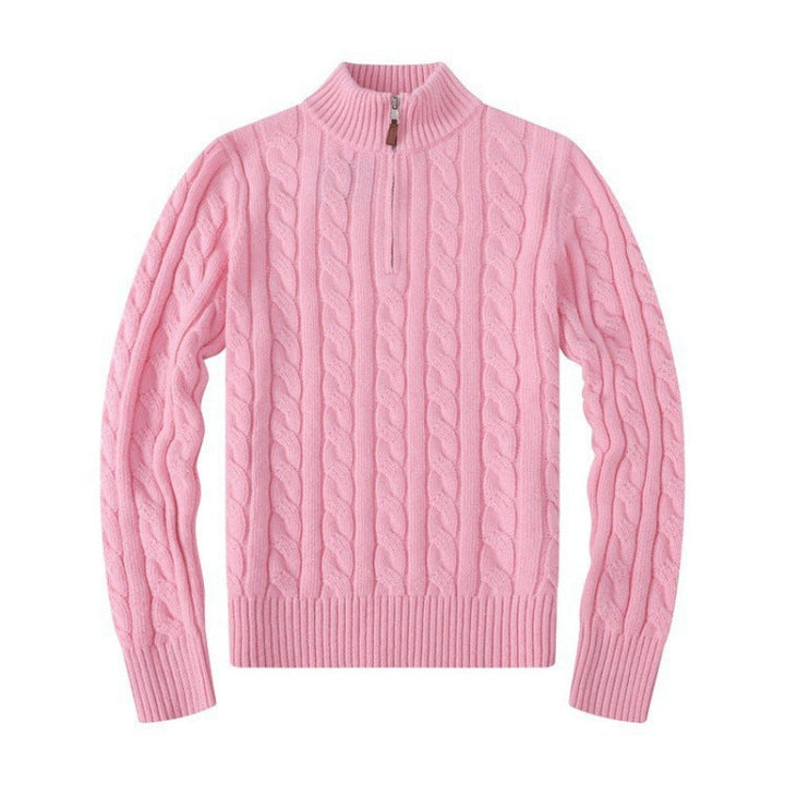 Rosa kabelstickad herrtröja med ståkrage och dragkedja