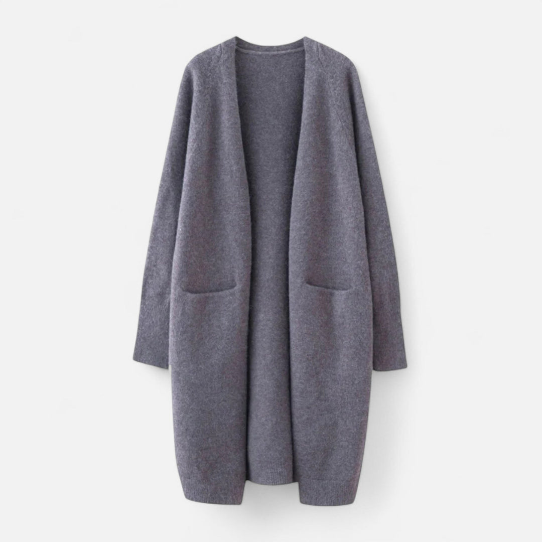 Lång öppen damcardigan i stickat material för höst och vinter