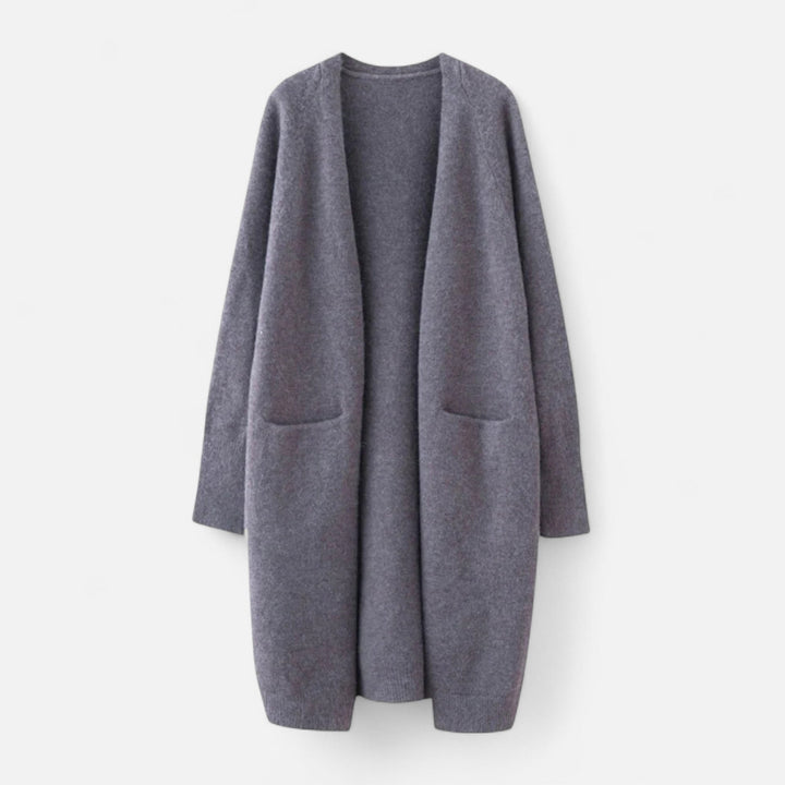 Lång öppen damcardigan i stickat material för höst och vinter