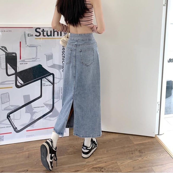 A-linjeformad ljusblå midikjol för damer i modetrendig design med slits