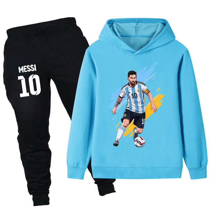 Närbild på tyg och sömmar i Lionel Messi träningsoverall för barn