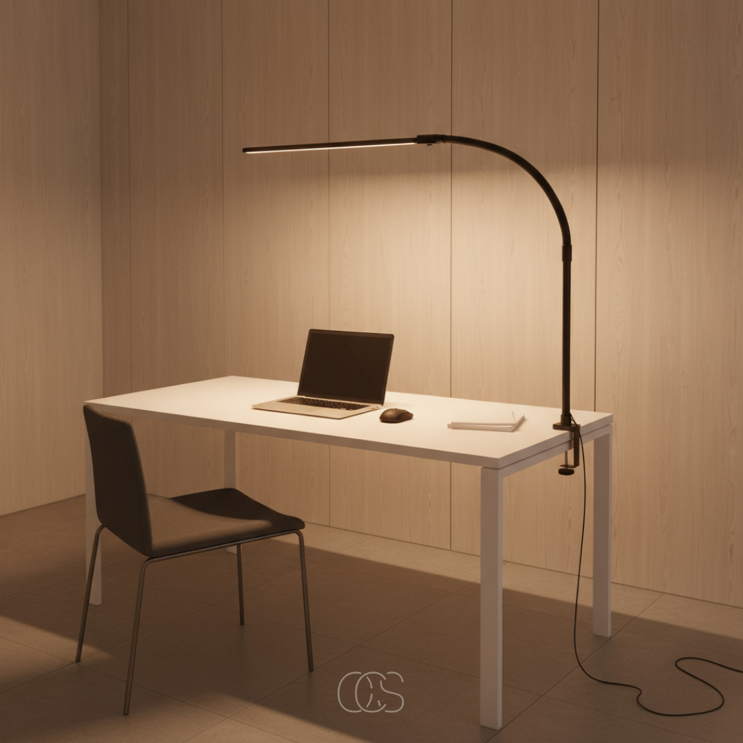 LED bordslampa i minimalistisk design placerad på ett modernt skrivbord
