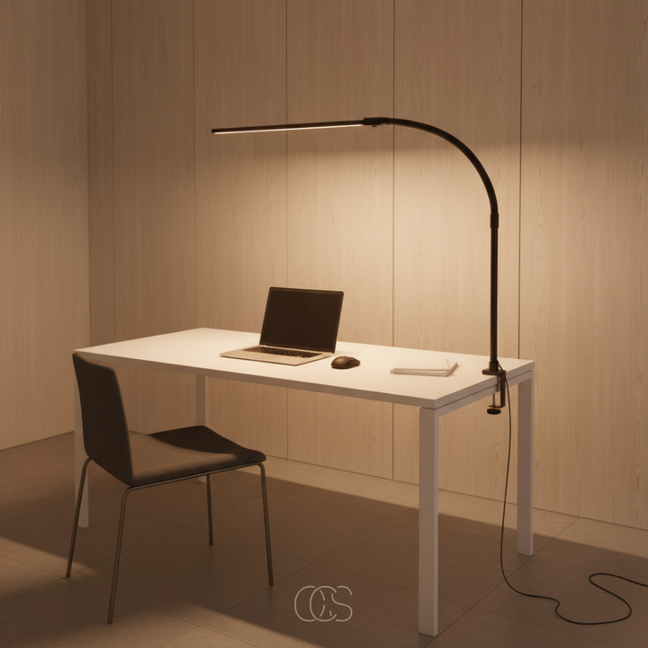 LED bordslampa i minimalistisk design placerad på ett modernt skrivbord