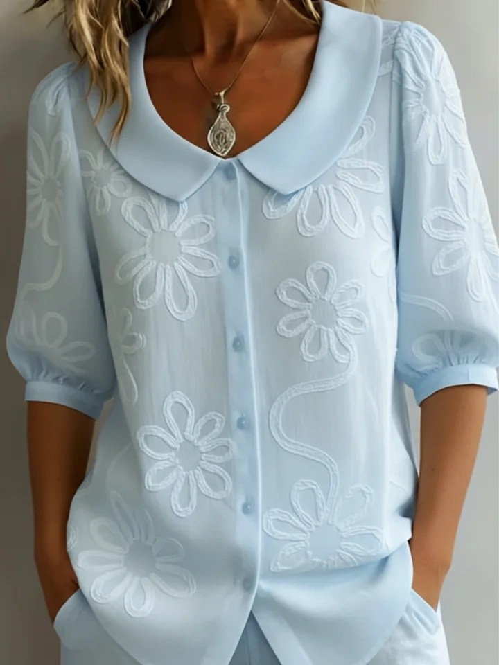Gul damblus med broderade blommor och rund halsringning för sommarmode