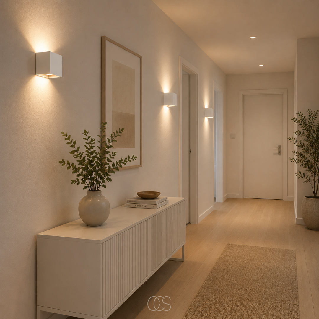 Svart sladdlös LED-vägglampa med rörelsesensor monterad i modern hall