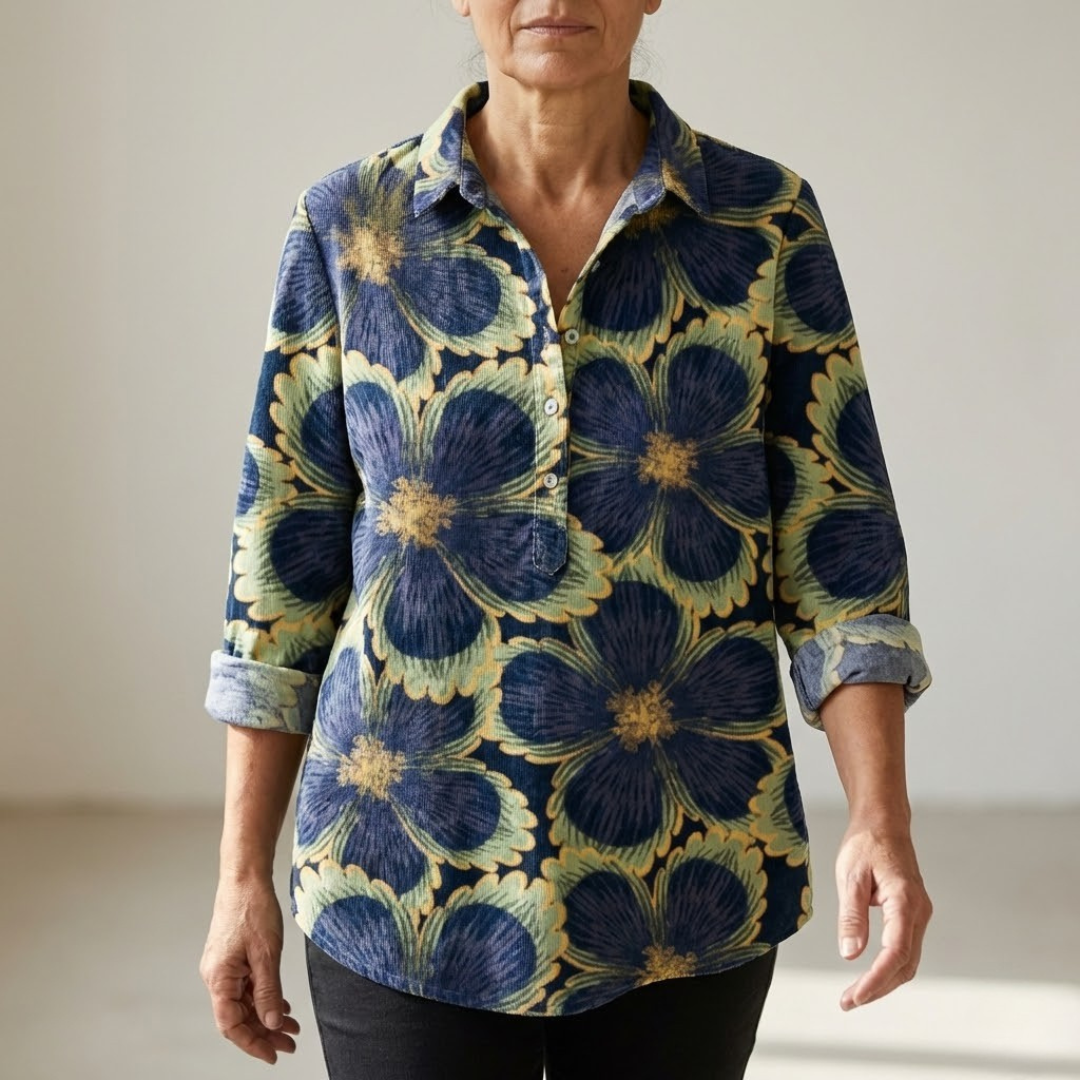 Kvinna som bär den eleganta mönstrade skjortan med färgstarkt blommönster