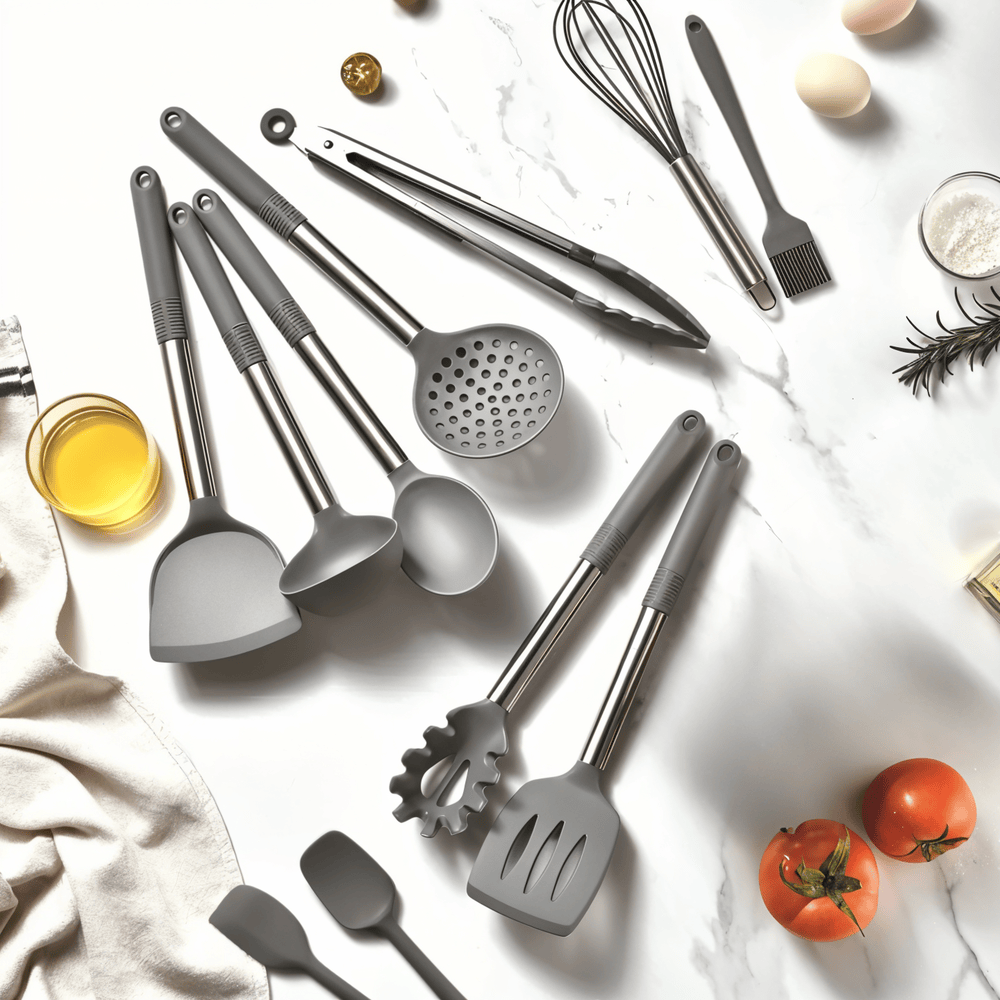Grå KitchenPro köksredskap i silikon utspridda på marmoryta