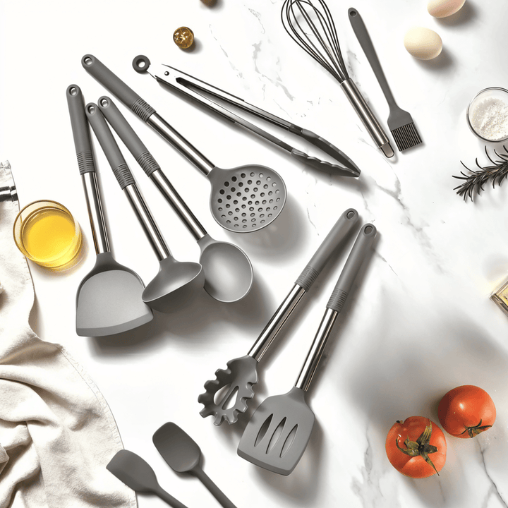 Grå KitchenPro köksredskap i silikon utspridda på marmoryta
