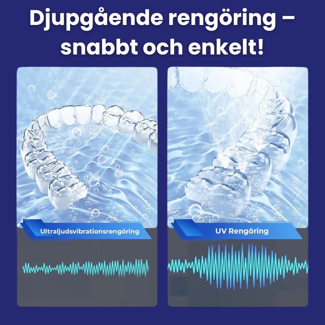 Kompakt ultraljudsrengörare för effektiv och skonsam rengöring av tandproteser och bettskenor.