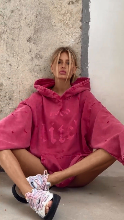 Vintage oversize hoodie i tvättad modell för dam, streetwear tröja