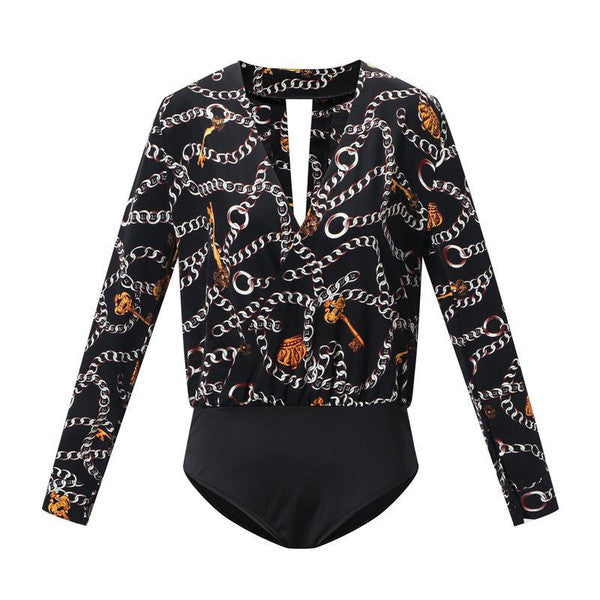 Vintage tryckt dam bodysuit med elegant design för mode