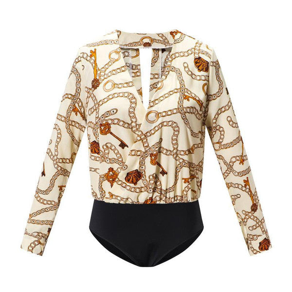 Tryckt topp för dam i bodysuit modell med elegant mönster