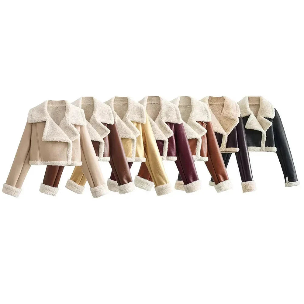 Beige cropped vinterjacka för dam med hög krage