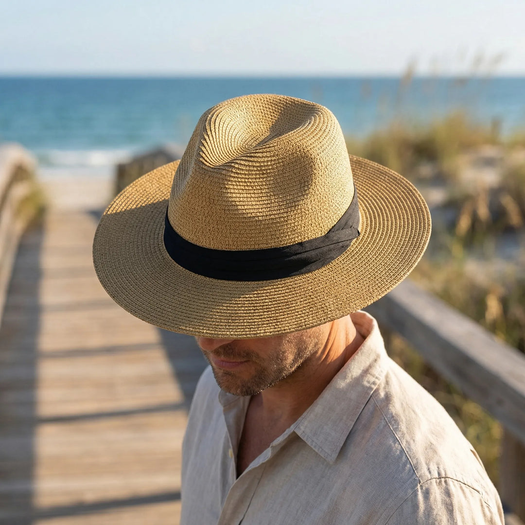 Man med klassisk beige panamahatt som promenerar vid kusten i solsken