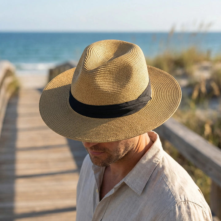 Man med klassisk beige panamahatt som promenerar vid kusten i solsken