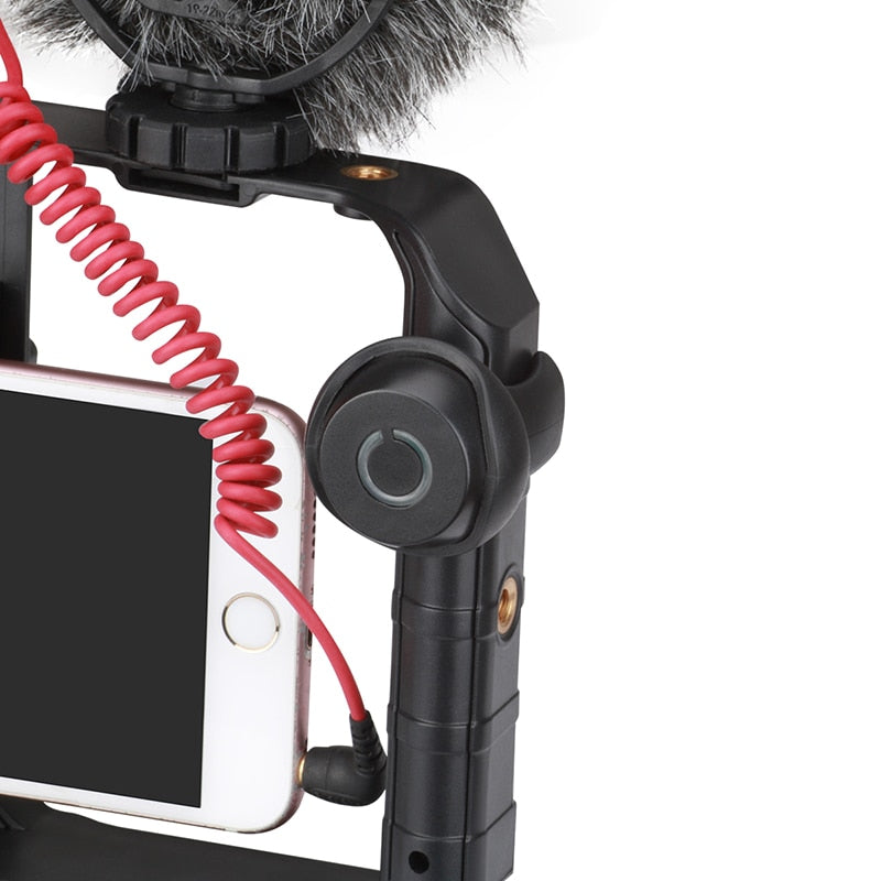 Svart videorigg för smartphone med fästen för mikrofon och LED-belysning