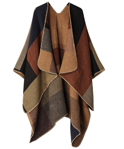 Brun patchwork damponcho med mönstrade färgblock