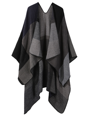 Patchwork damponcho med öppen front för höst- och vintermode