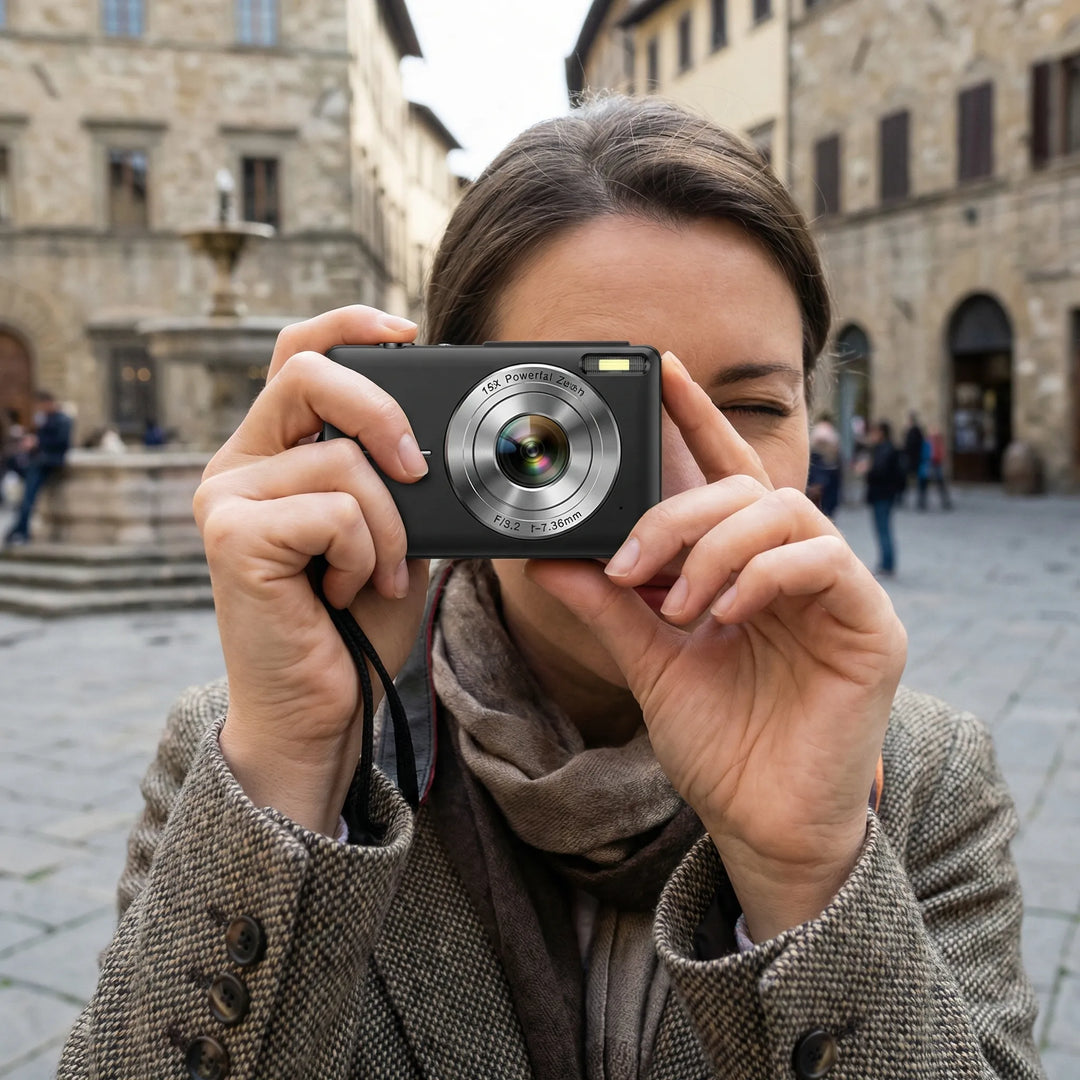 Kvinna som fotograferar utomhus med en kompakt digital kamera i retro-stil