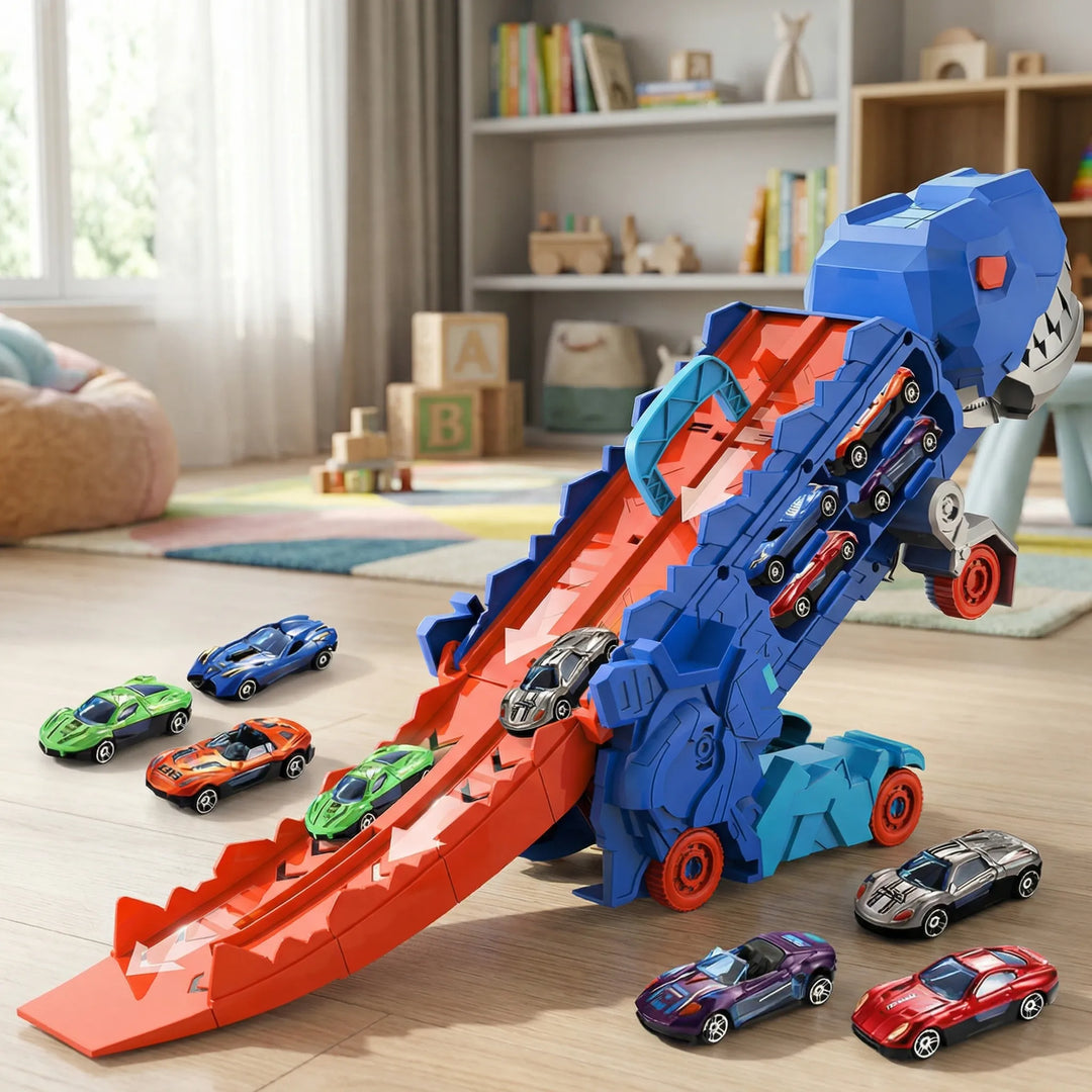 Transformering dinosaurie transportbil och racingbana med bilar utspridda
