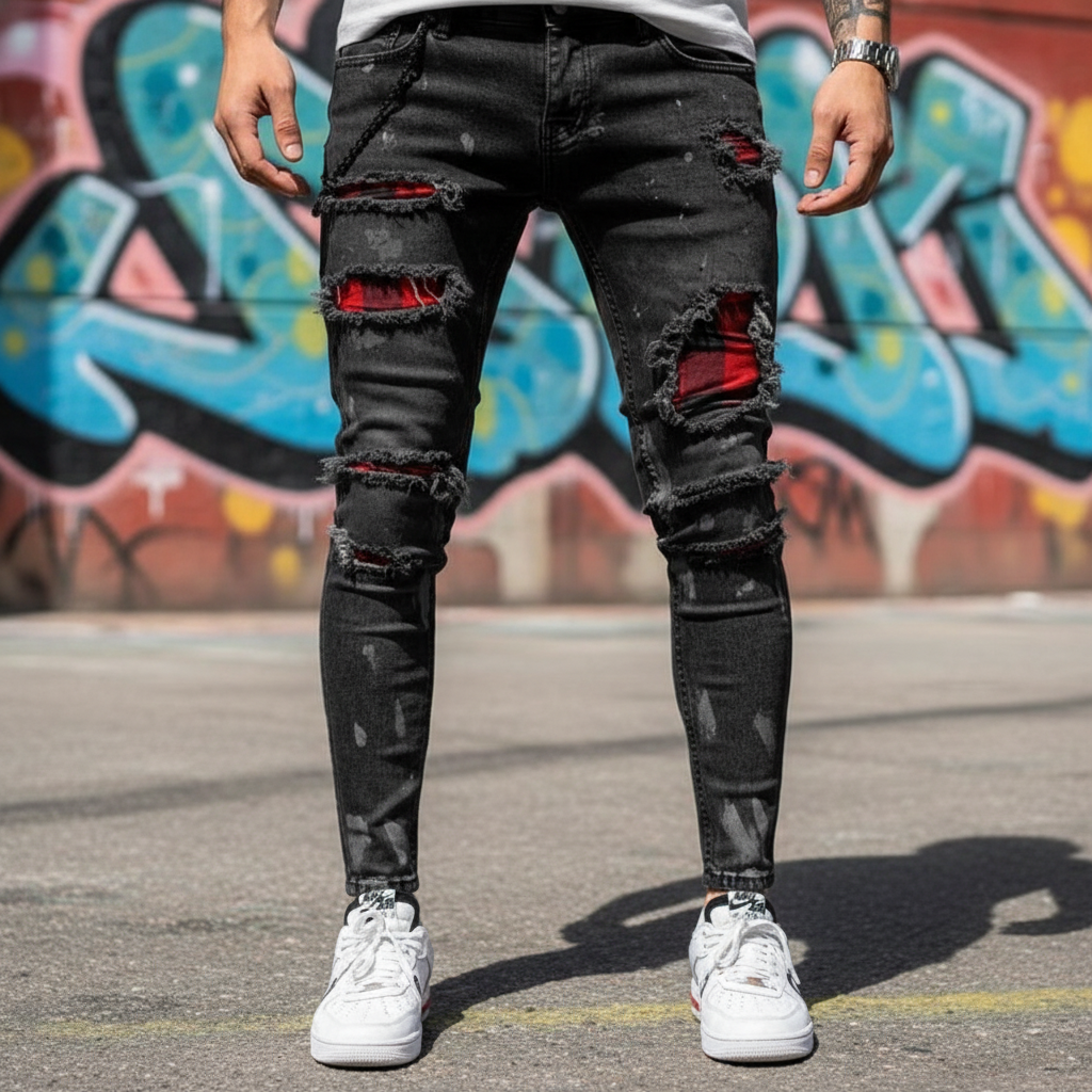 Herr i svarta slim fit-jeans med slitningar framför graffiti