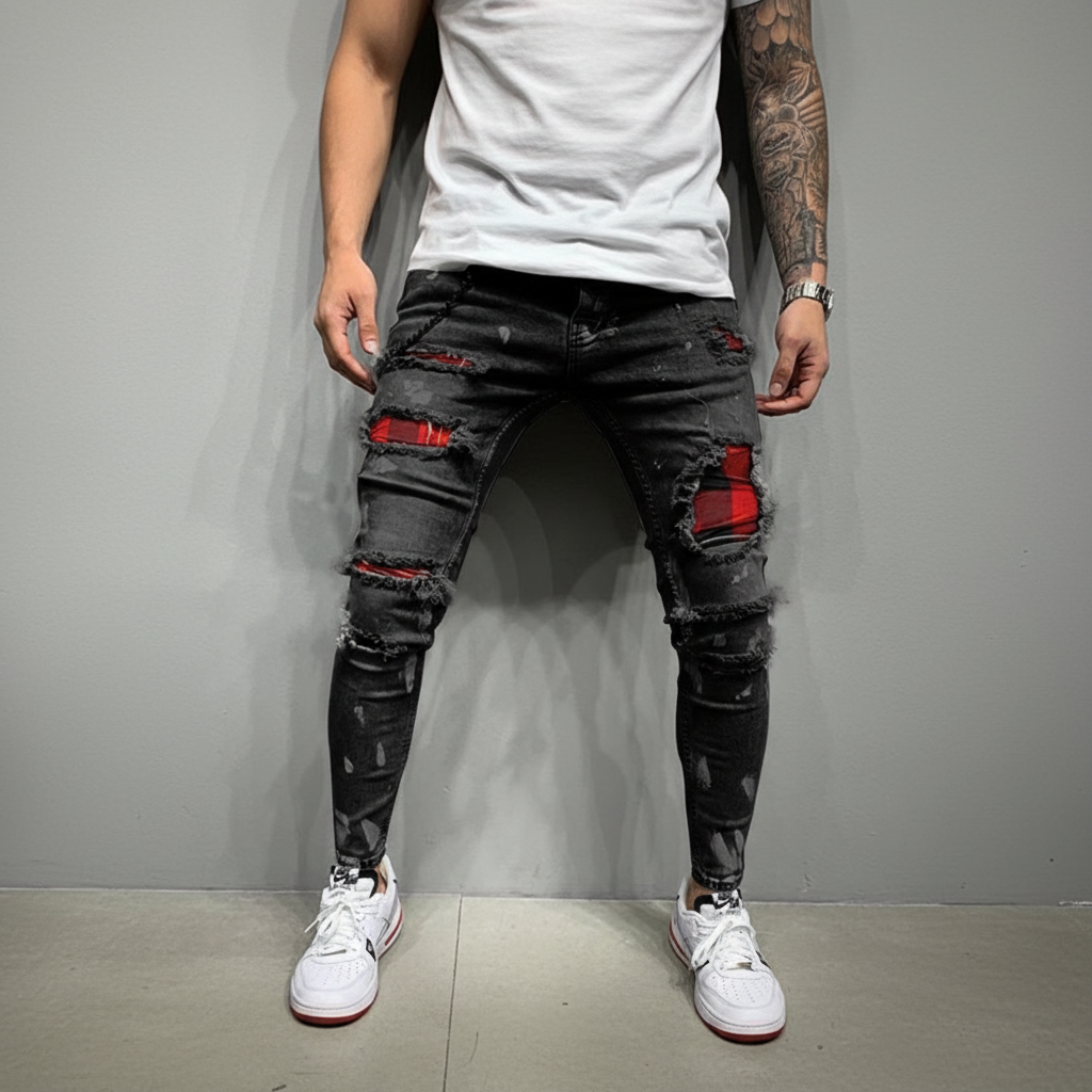Slim fit jeans för herr med slitna detaljer i retro och streetwear stil