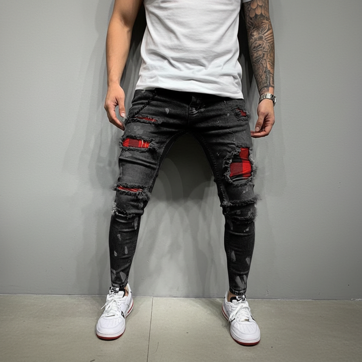 Slim fit jeans för herr med slitna detaljer i retro och streetwear stil