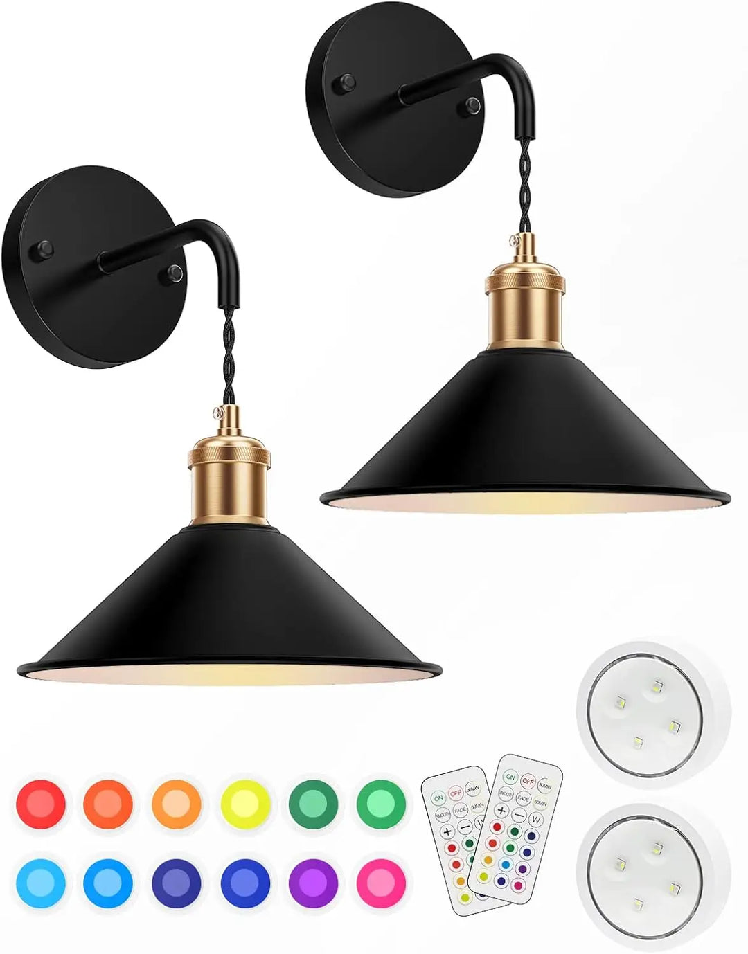 Två svarta trådlösa vägglampor med RGB pucklampor och fjärrkontroller