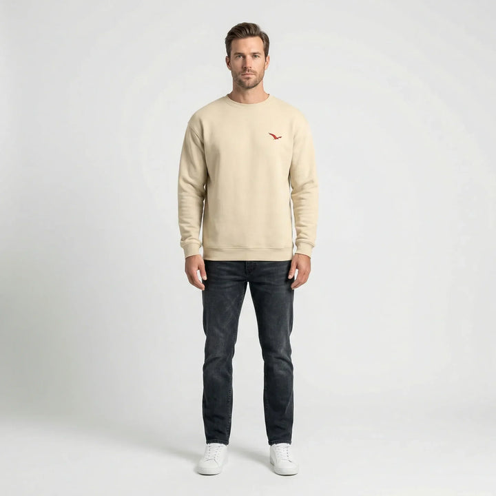 Helkroppsporträtt av man i beige rundhalsad tröja och mörka jeans