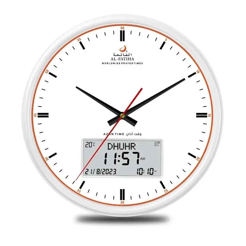 Vit smart azan väggklocka med analog och digital visning
