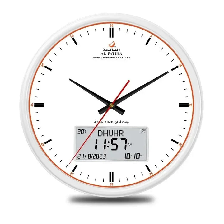 Vit smart azan väggklocka med analog och digital visning