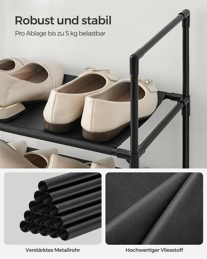 Närbild på robusta metallrör och ventilerande material på skohyllan