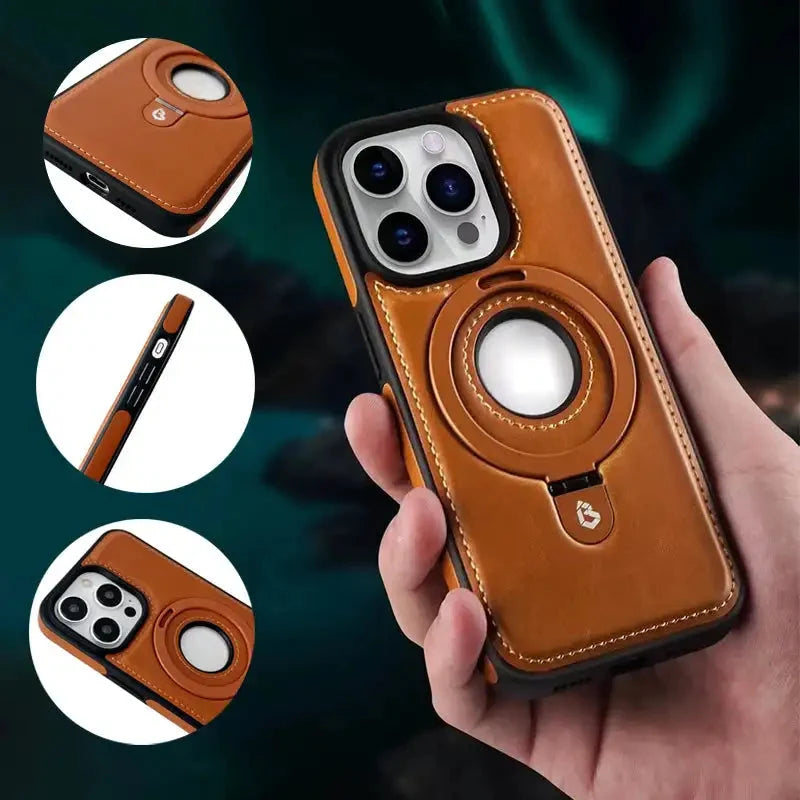 Brunt magnetiskt iPhonefodral med ringställ i handen