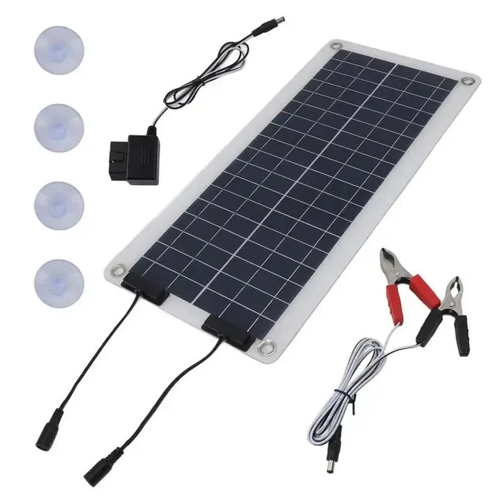 Detaljbild på bärbar solpanel med kablage och laddningsklämmor