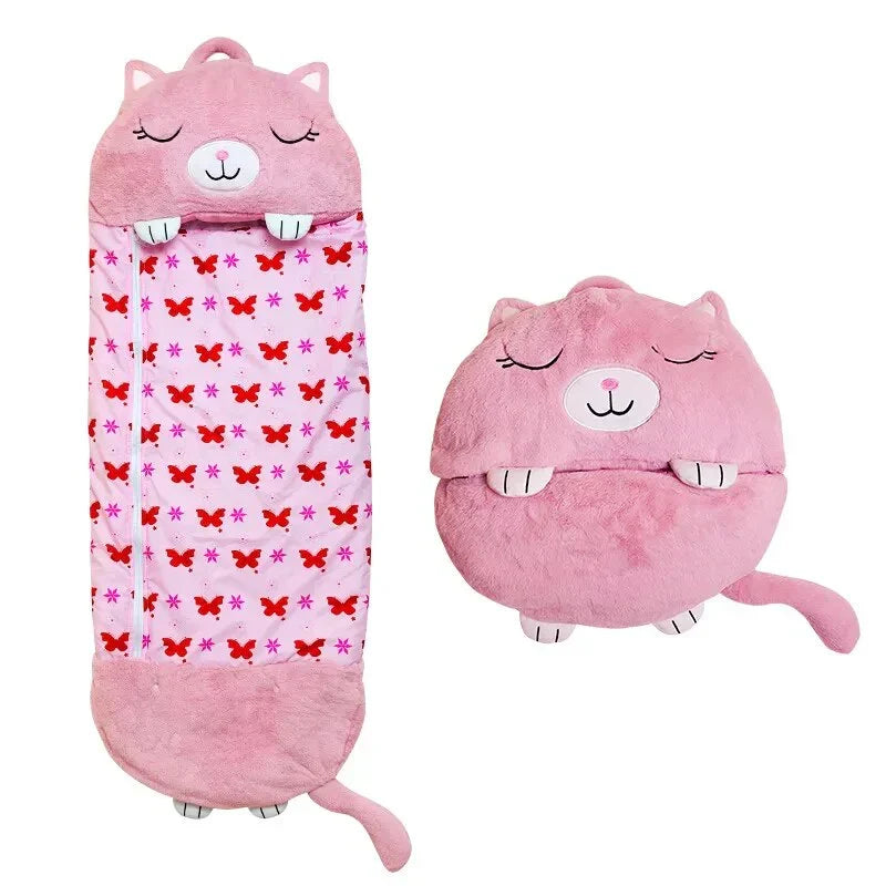 Rosa katt sovsäck med matchande vikta gosleksaksversion