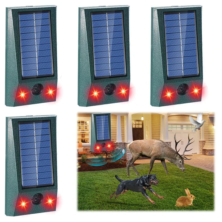 Solcelldriven fågelavskräckare i grön design med solpanel och LED-lampor