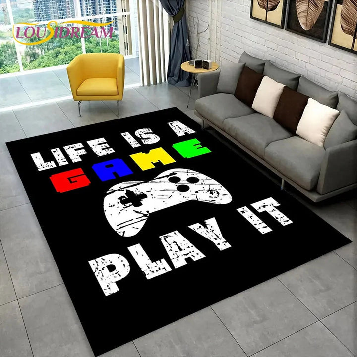 Svart spelmatta med texten Life is a game placerad på golvet
