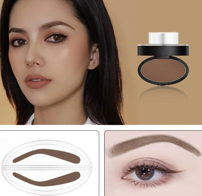 Närbild på makeup-kit med ögonbrynsstämpel och puder för definierade ögonbryn