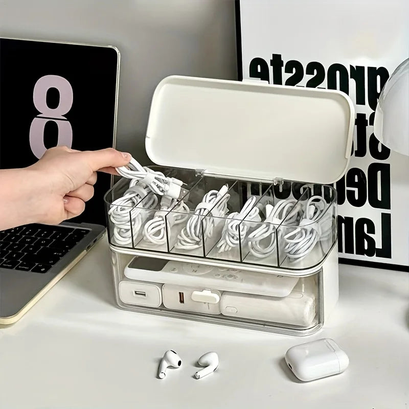 Kabelorganisatör med transparent lock på ett skrivbord