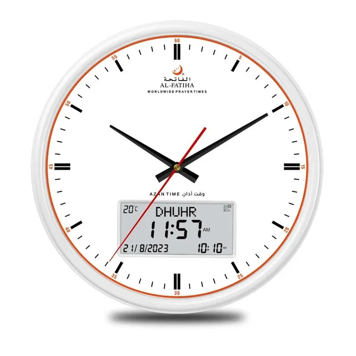 Närbild på böneklockans digitala display med funktioner för bönetider och kalender