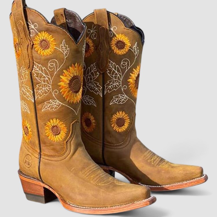 Damernas Daisy westernboots i khaki med broderade solrosor