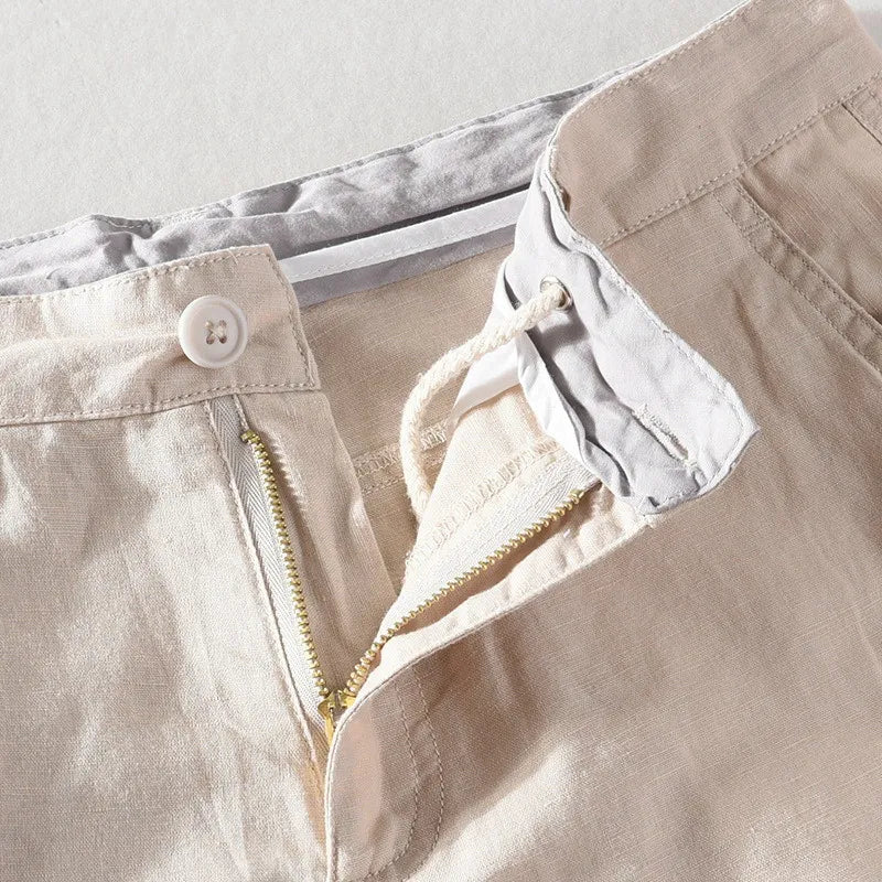 Detaljbild på herrshorts som visar knäppning och dragsko i midjan